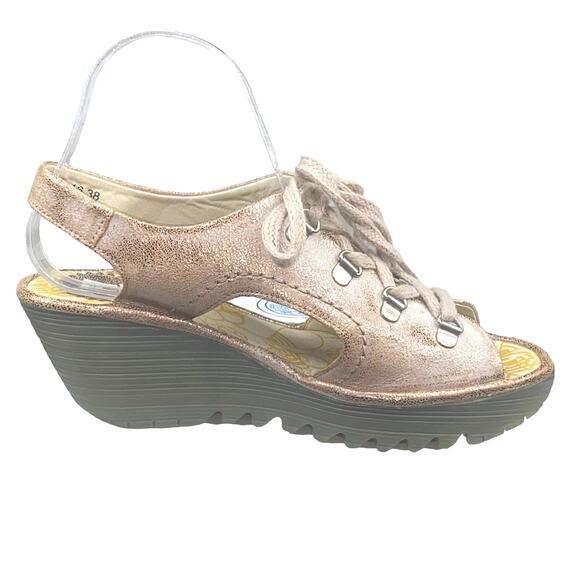 Fly London Women's Yifa Gold Lace Up Wedge Sandal Size 38 US 7.5/8 - Picture 4 of 13